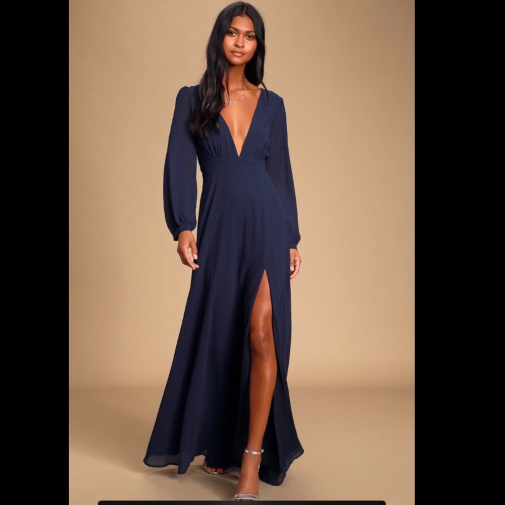 Navy Blue Long Sleeve Maxi Dress